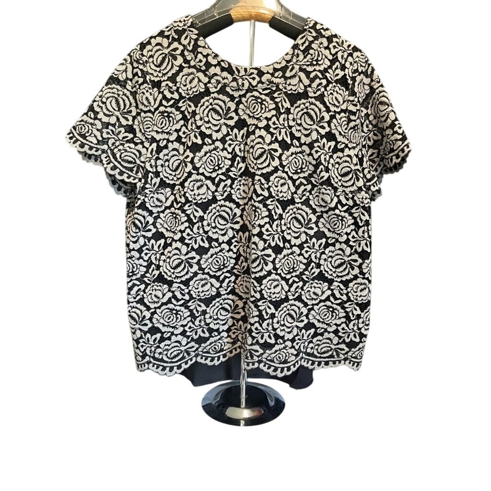 NSR Black White Floral Lace Top Women's Extra Large XL Short Sleeve‎